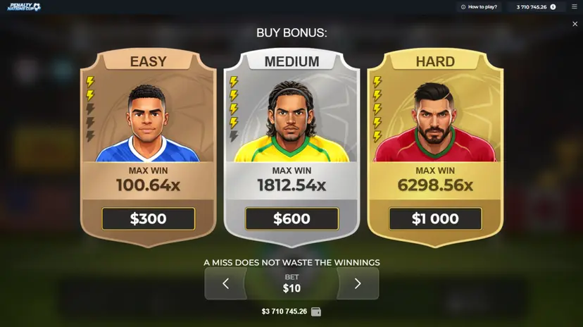 Bonus Buy-scherm van Penalty Nations Cup - niveaus Easy, Medium en Hard